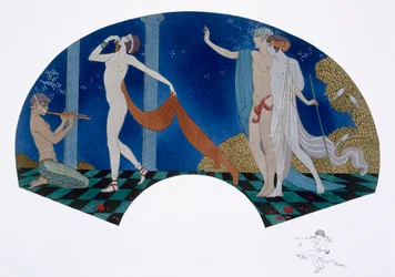 Diseño de abanico con imagen clásica de Pan tocando la flauta de Pan y una bailarina y una pareja en un bosque, de 